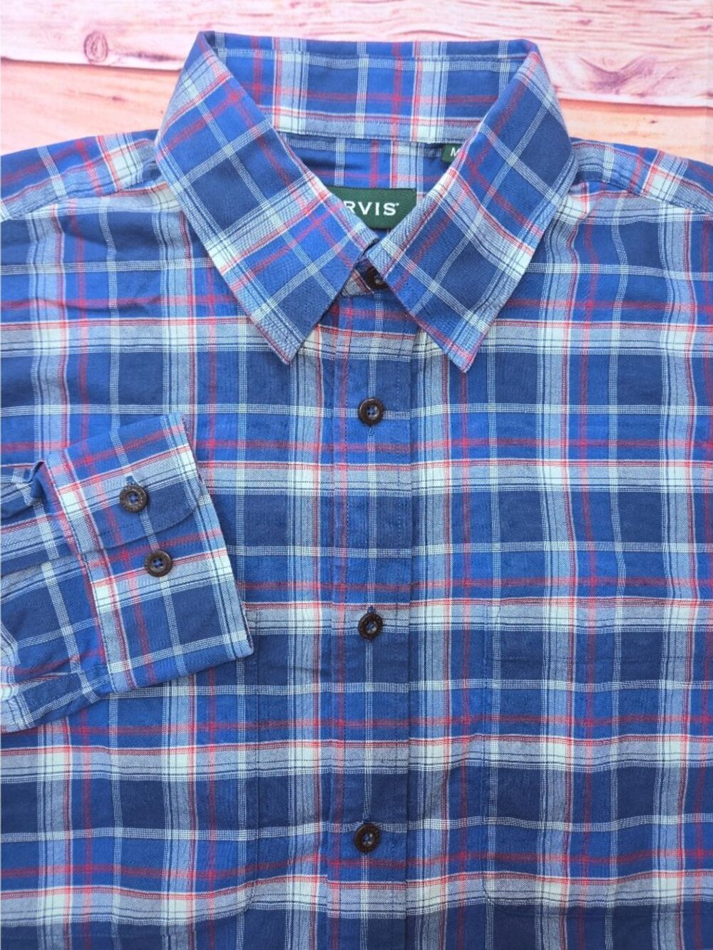 Orvis Mens Blue Plaid Long Sleeve Shirt Medium